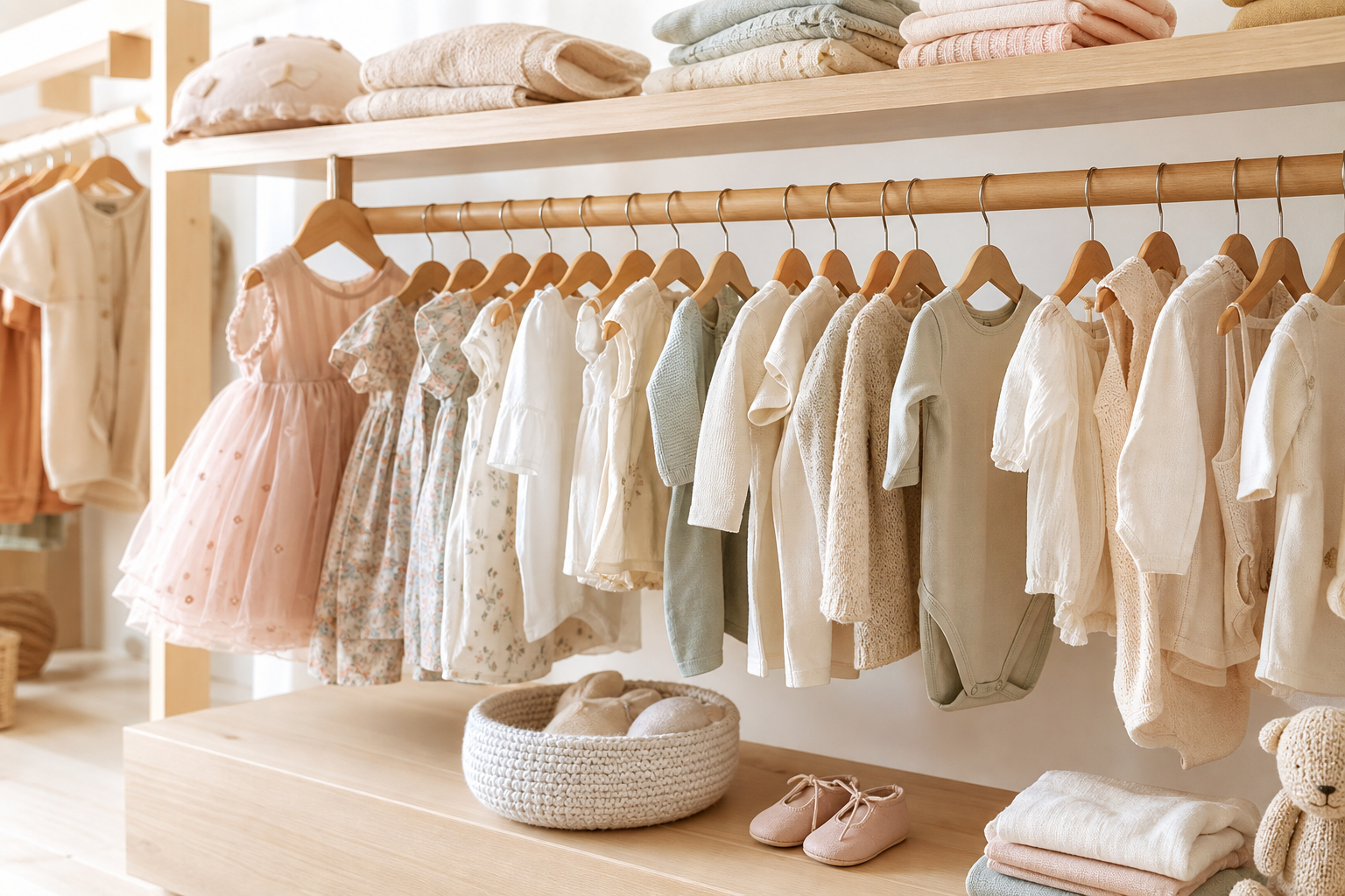 Arara de loja com moda bebê e roupas infantis em tons suaves